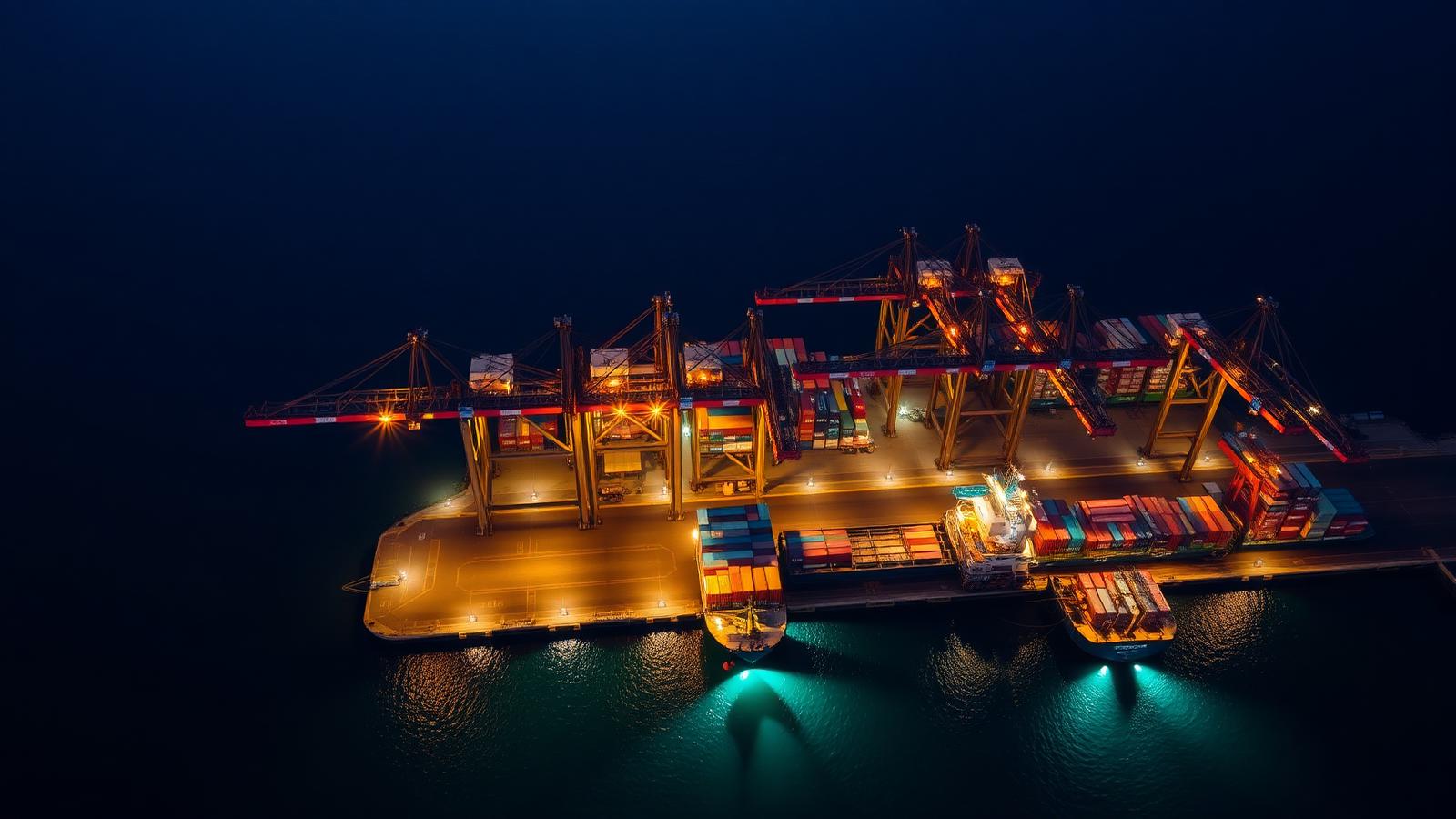 Container ship docked at port being loaded by gantry cranes