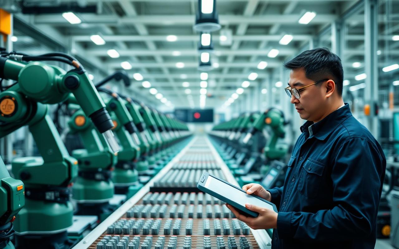 Inspector checking factory production line with tablet